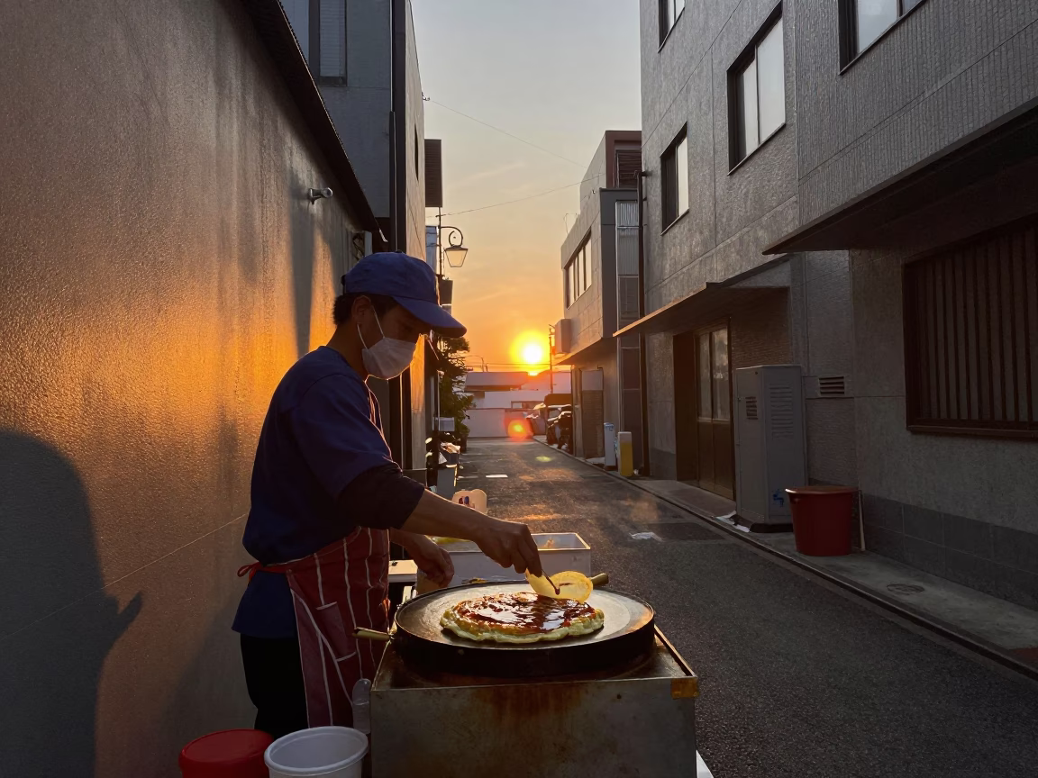Tokyo Street Food Vendor Cooking Okonomiyaki at Sunset with Steam and Urban Background in in Tokyo, Japan