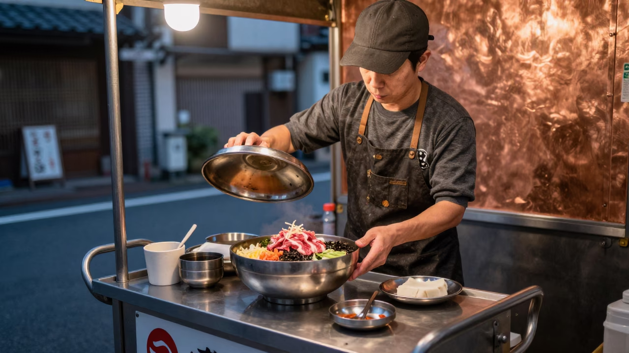 Tokyo Street Food Vendor Serving Bibimbap Under Copper Dusk Light in in Tokyo, Japan