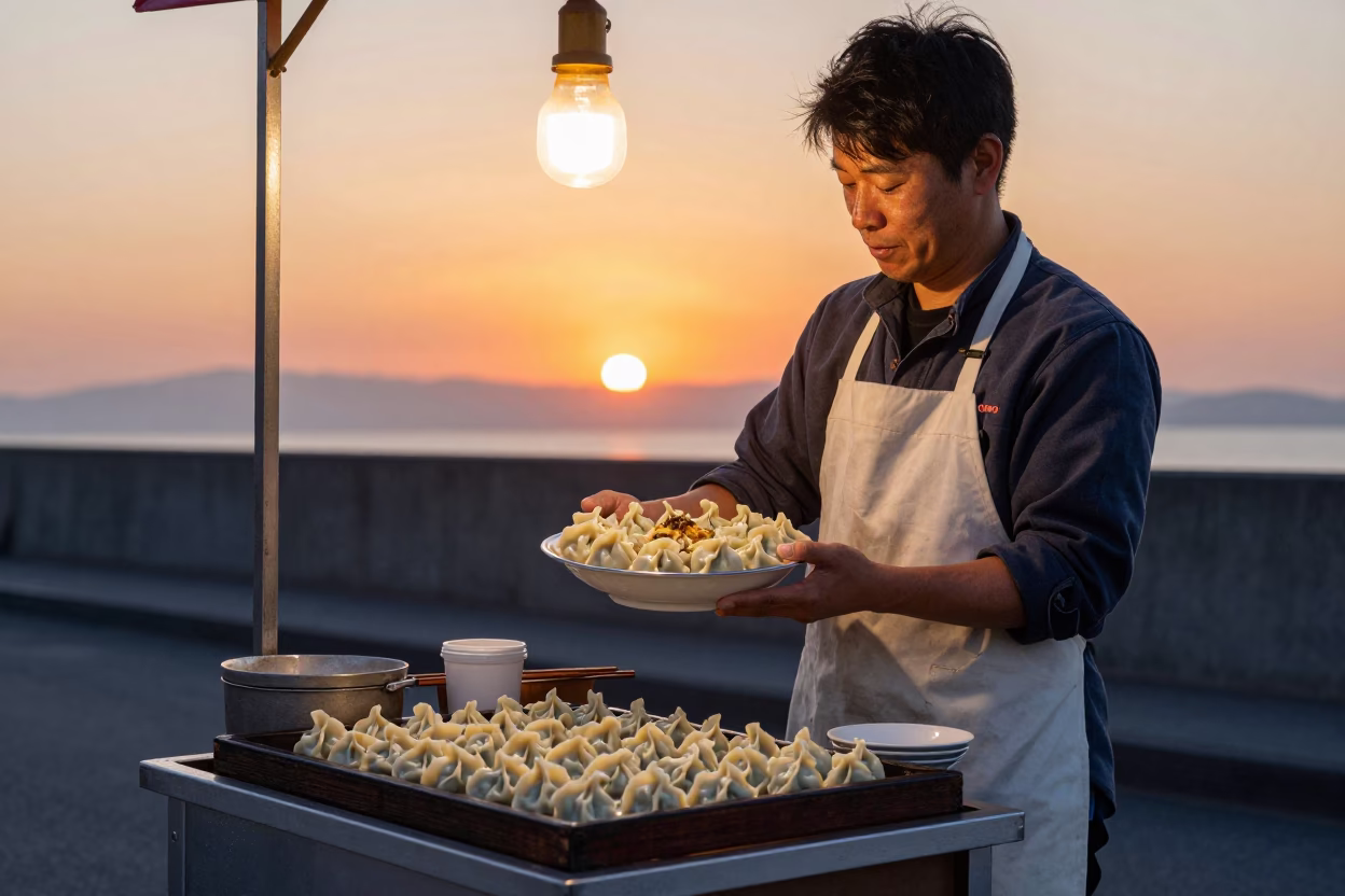 Tokyo Street Food Vendor Serving Manti Dumplings at Sunset in Japan in in Tokyo, Japan