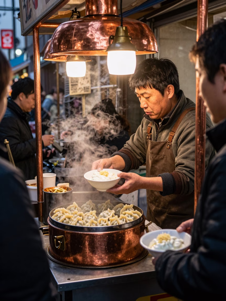 Tokyo Street Food Vendor Serving Manti Dumplings in Copper Toned Evening Light in in Tokyo, Japan