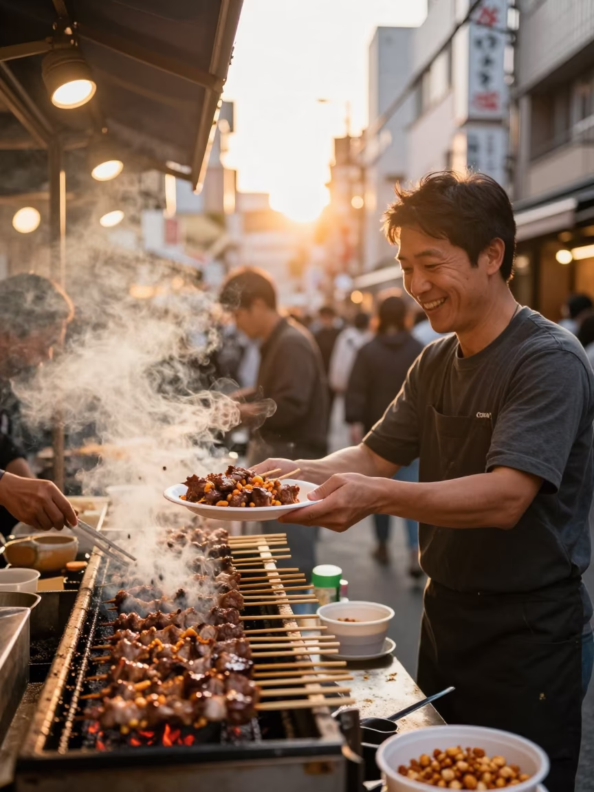 Tokyo street food vendor serving suya skewers with groundnut spice at golden hour in in Tokyo, Japan