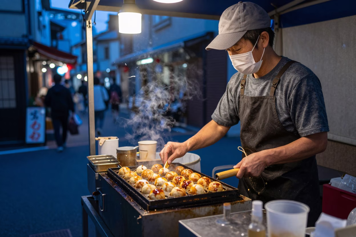 Tokyo Street Food Vendor Serving Takoyaki in Indigo Twilight 1950s Japan in in Tokyo, Japan