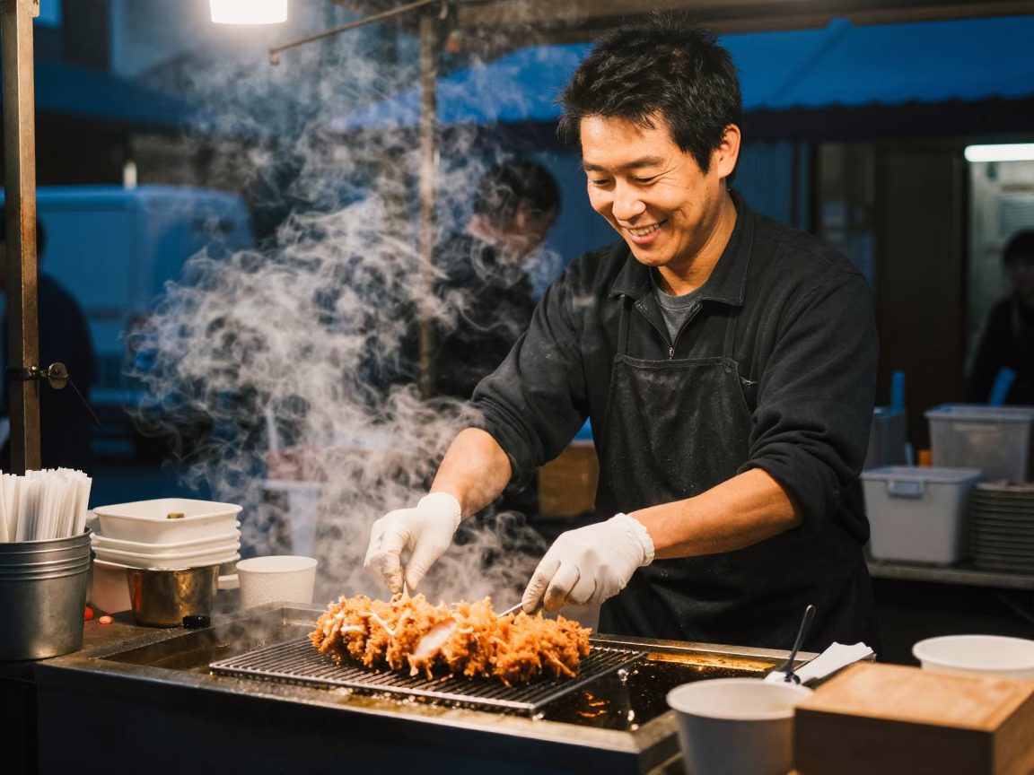 Tokyo Street Food Vendor Serving Tonkatsu in Predawn Darkness in in Tokyo, Japan