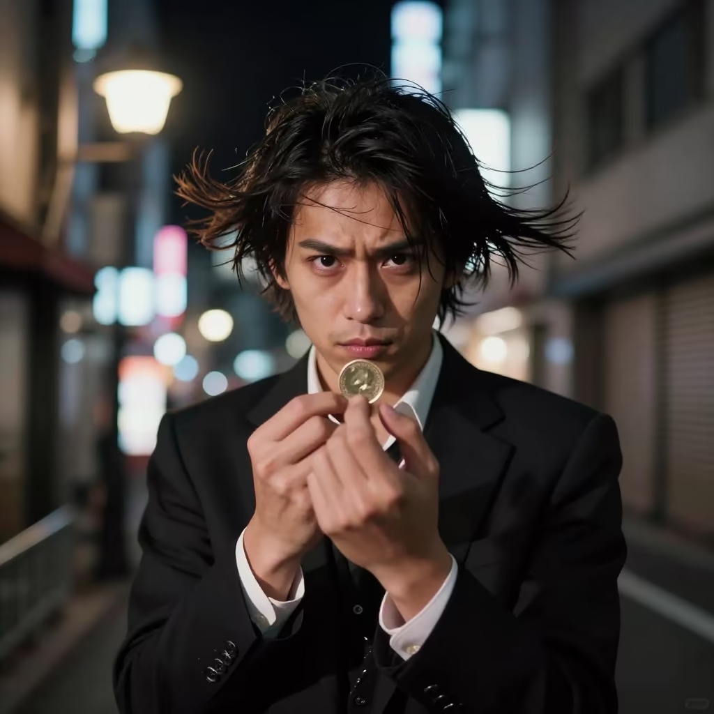 Tokyo Street Magician Midnight Coin Portrait in near Tokyo