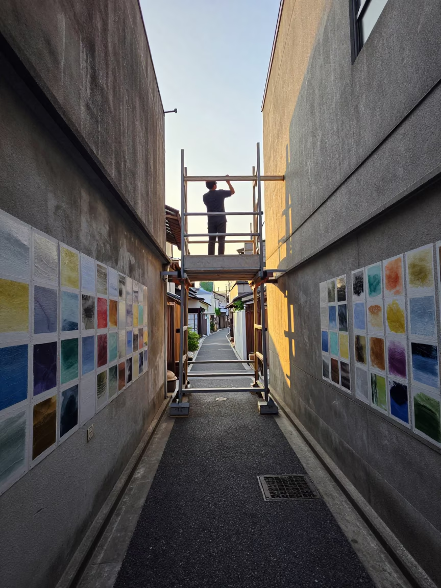 Tokyo Street Morning Light with Muralist Painting Sample Swatches from Scaffold Platform in in Tokyo, Japan