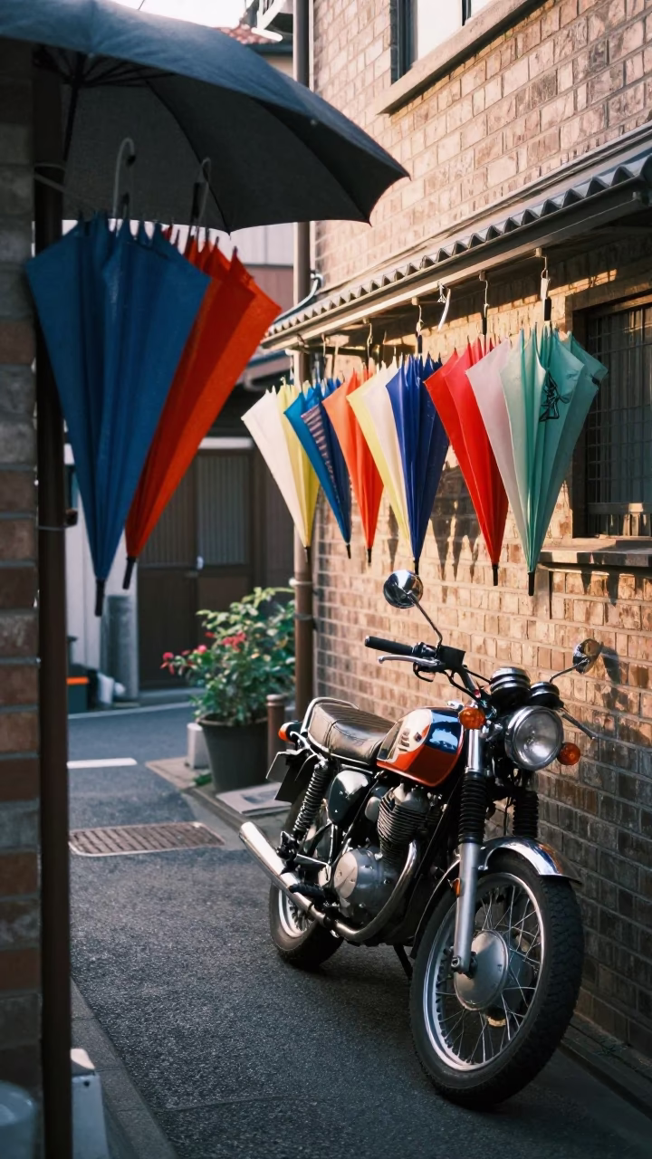 Tokyo Street Morning with Hanging Umbrellas and Vintage Motorcycle Near Station in in Tokyo, Japan