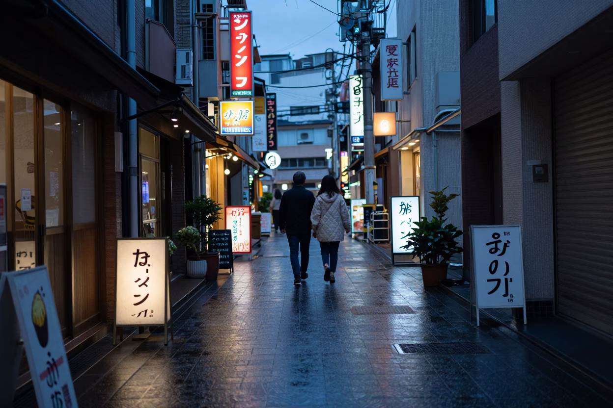 Tokyo Street Scene at Blue Hour with Coffee Cup and Artichokes in in Tokyo, Japan