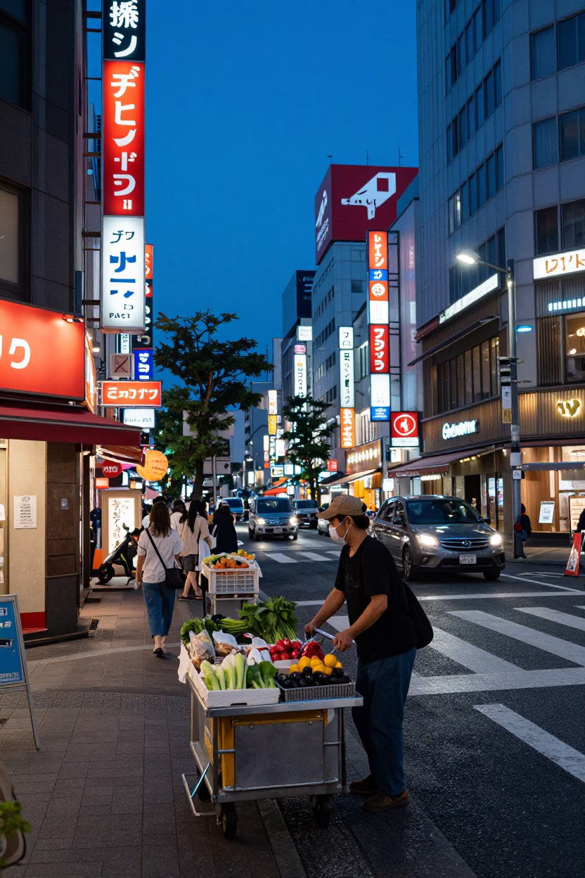 Tokyo Street Scene at Blue Hour with Rolling Carts and Neon Signs in in Tokyo, Japan