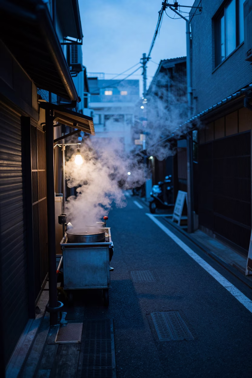 Tokyo Street Scene at Blue Hour with Steam and Urban Details in in Tokyo, Japan