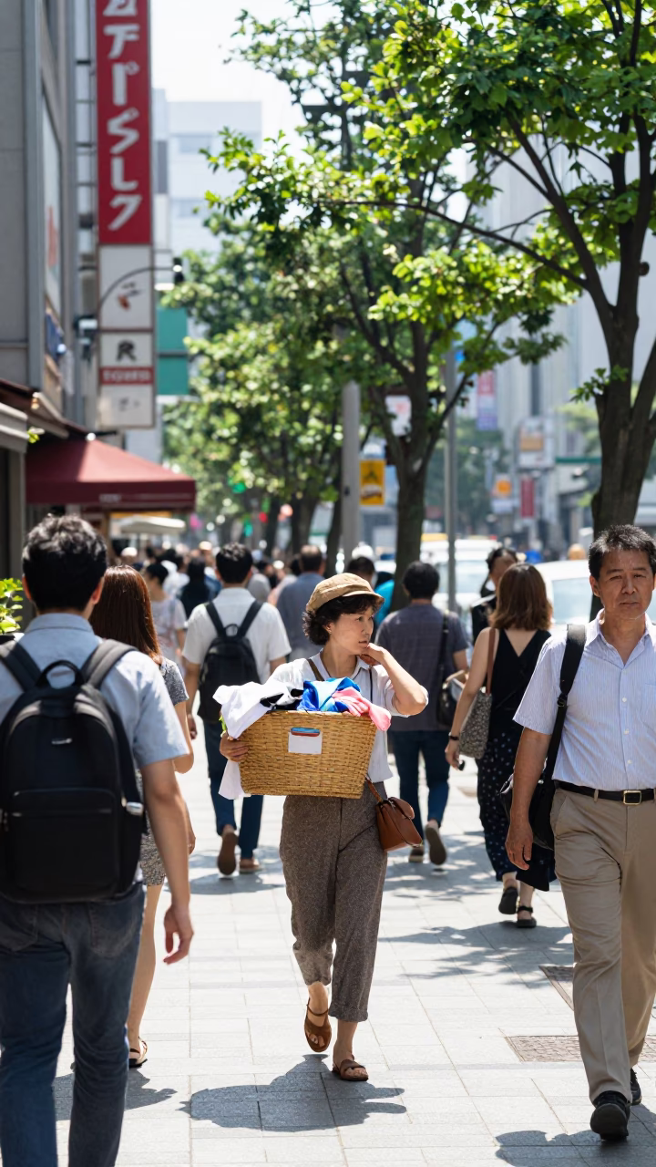 Tokyo Street Scene at Bright Midmorning Light in in Tokyo, Japan