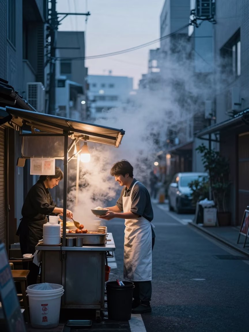 Tokyo Street Scene at Dawn with Steam Haze and Coffee Culture in in Tokyo, Japan