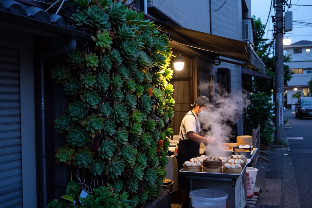 Tokyo street scene at dawn with succulent living wall and dim sum breakfast stall in in Tokyo, Japan