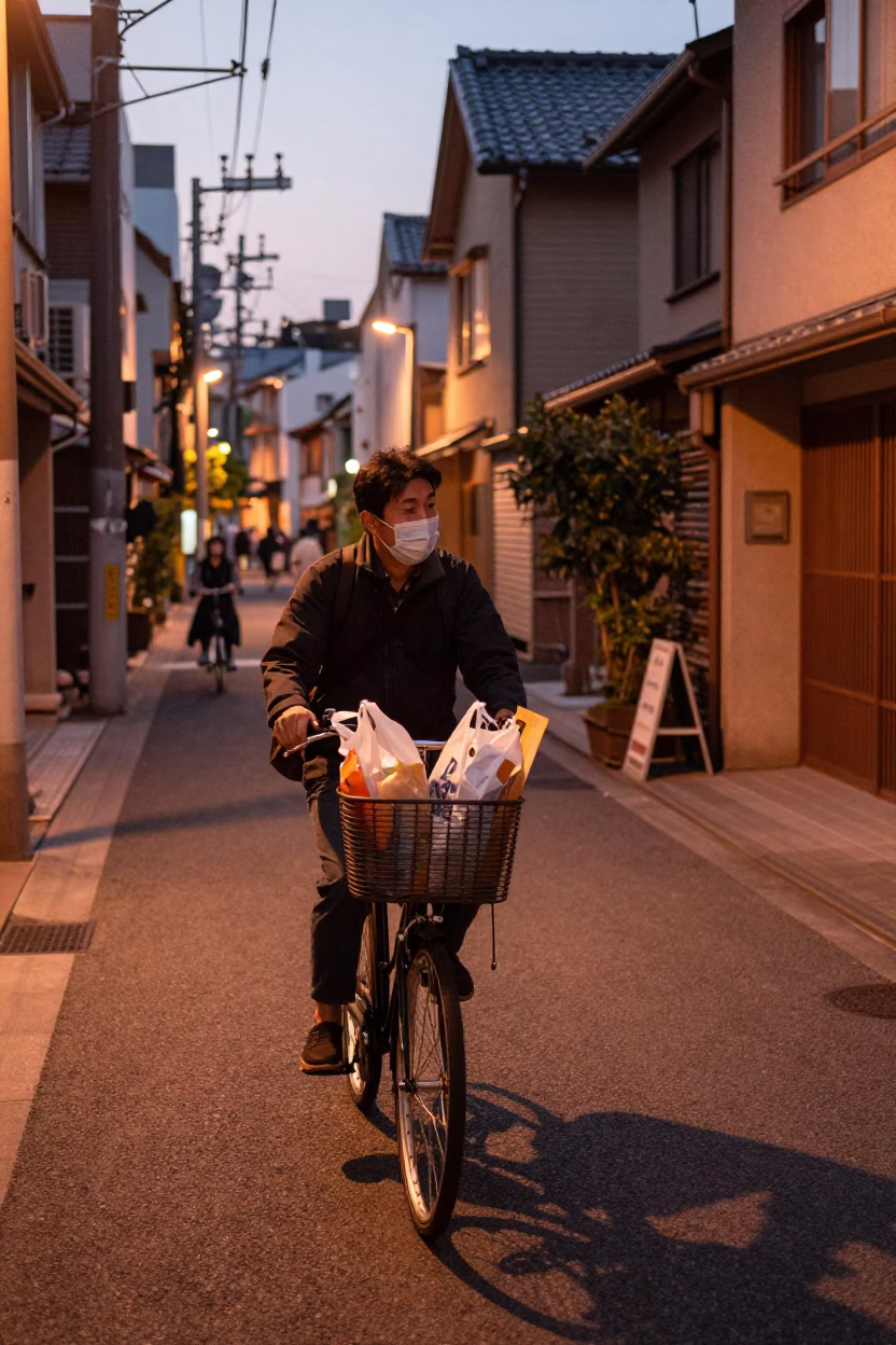 Tokyo Street Scene at Dusk with Bicycle Basket and Urban Life in in Tokyo, Japan