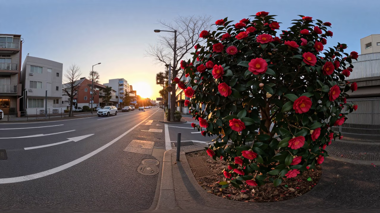 Tokyo Street Scene at Dusk with Camellia Shrub and Clipboard in Hand in in Tokyo, Japan