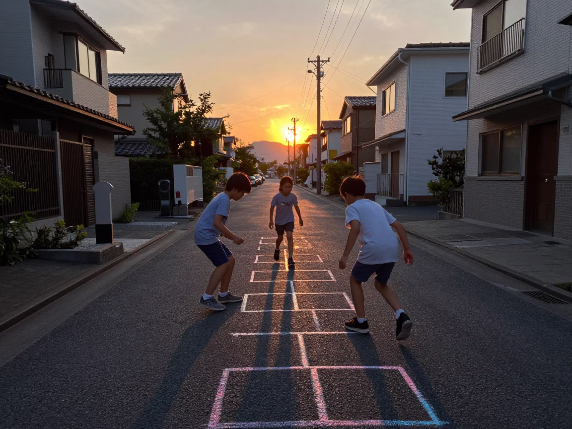 Tokyo street scene at dusk with children playing hopscotch on concrete sidewalk in in Tokyo, Japan