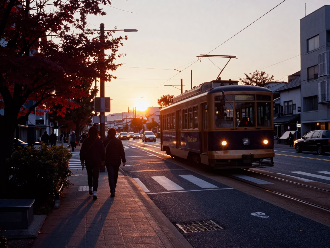 Tokyo Street Scene at Dusk with Japanese Maple and Tramcar in in Tokyo, Japan
