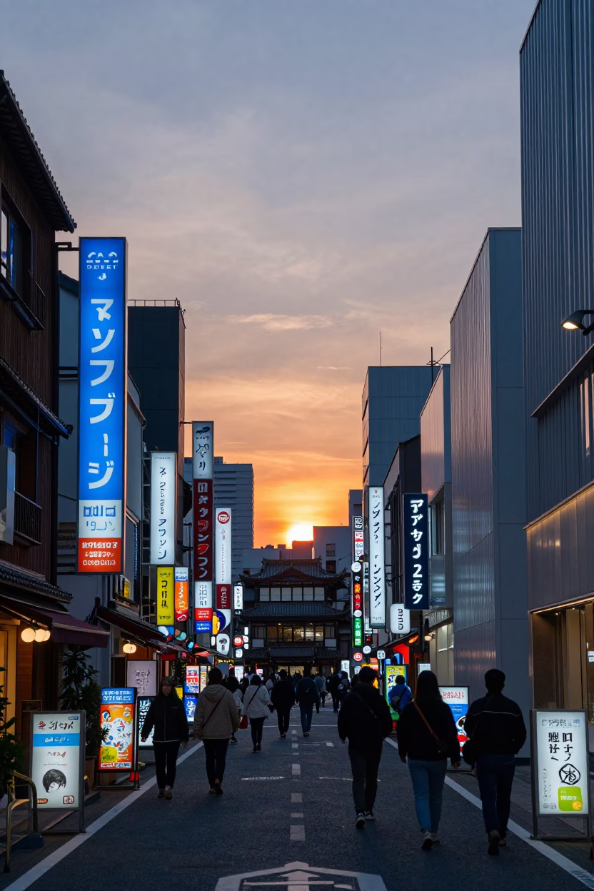 Tokyo Street Scene at Dusk with Neon Signs and Traditional Architecture in in Tokyo, Japan