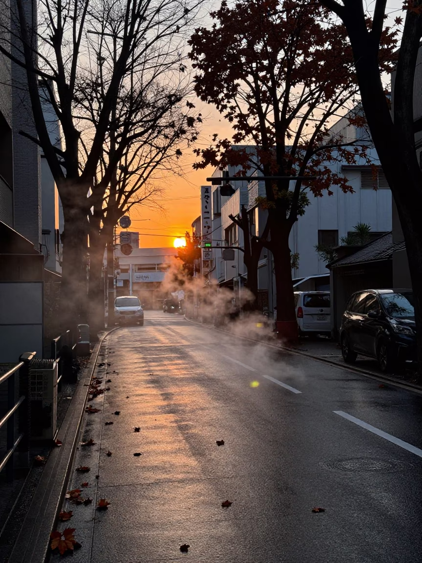 Tokyo Street Scene at Dusk with Steaming District Heating Pipe and Autumn Leaves in in Tokyo, Japan