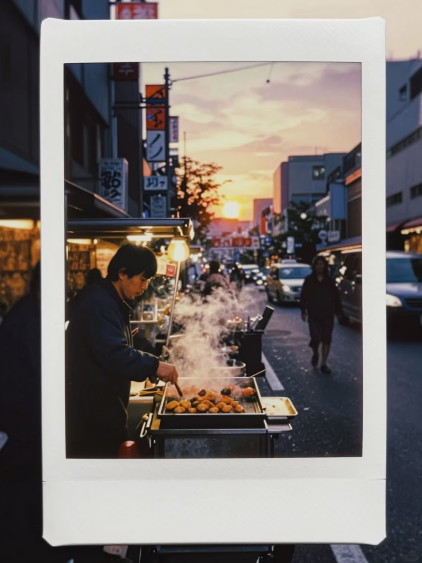 Tokyo street scene at dusk with steaming food vendor and autumn leaves in in Tokyo, Japan