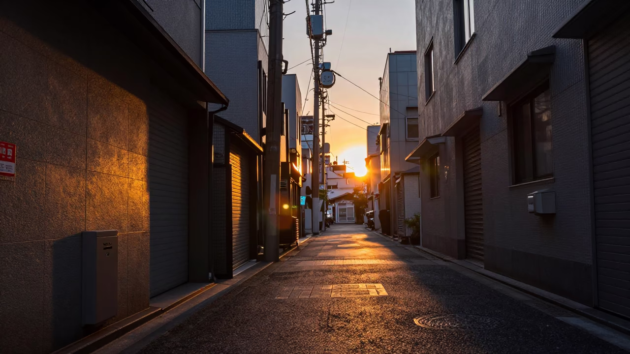 Tokyo Street Scene at Dusk with Sunlight and Urban Details in in Tokyo, Japan