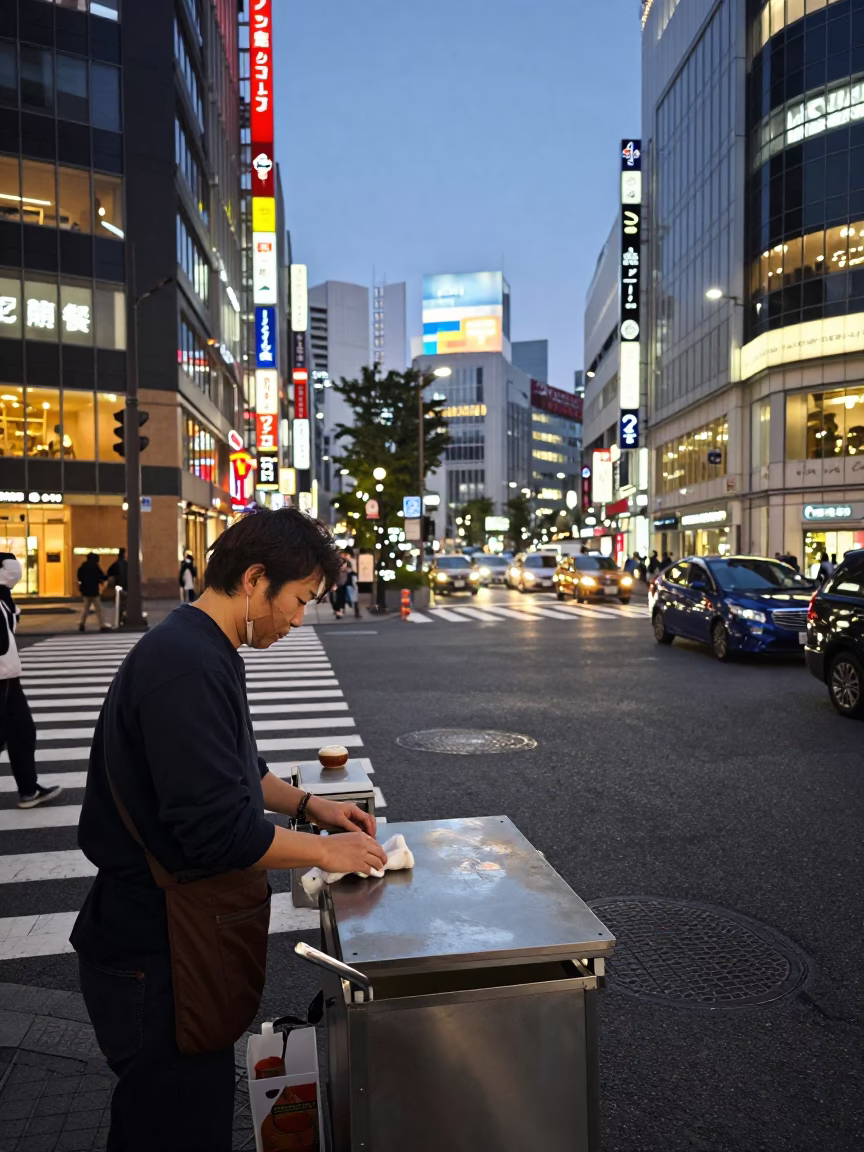 Tokyo Street Scene at Dusk with Tea Tin and Condensation on Cup in in Tokyo, Japan