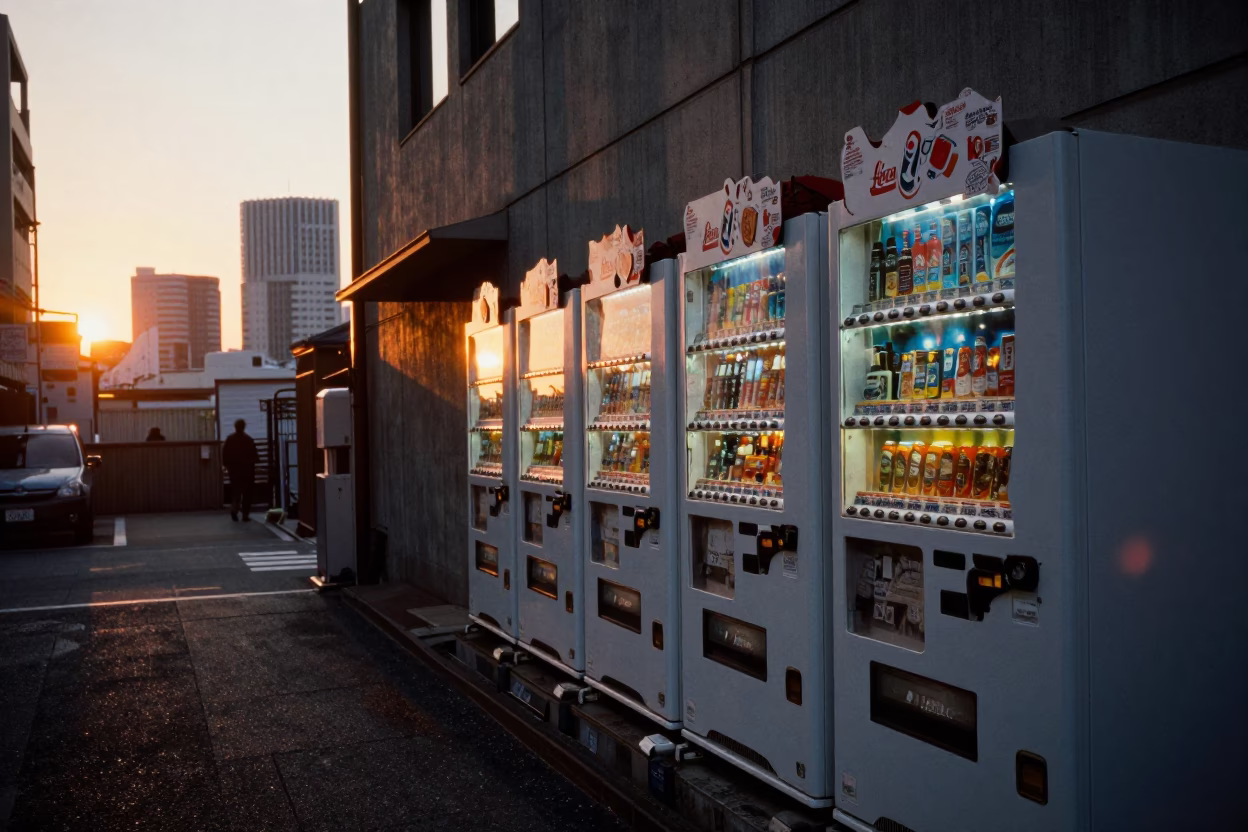 Tokyo Street Scene at Dusk with Vending Machine and Pedestrians in in Tokyo, Japan