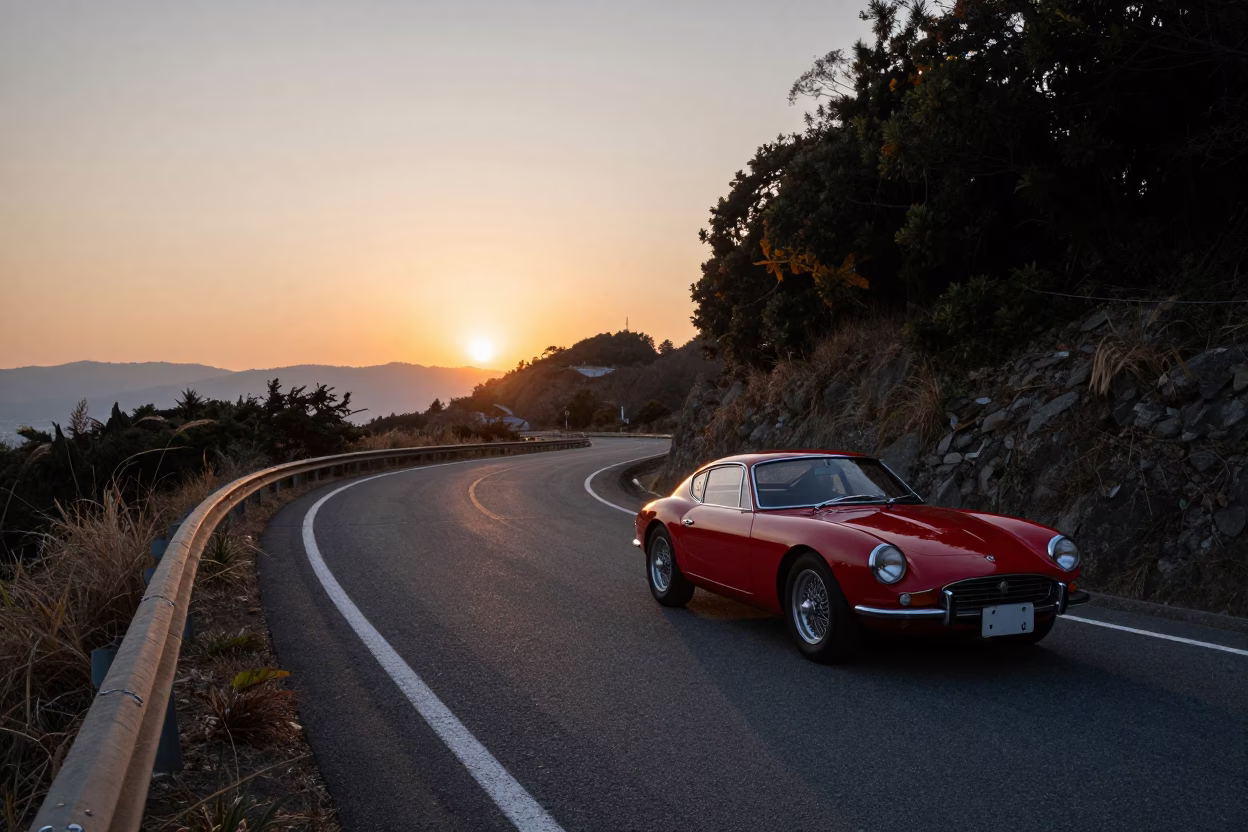 Tokyo Street Scene at Dusk with Vintage Red Sports Car and Lanterns in in Tokyo, Japan