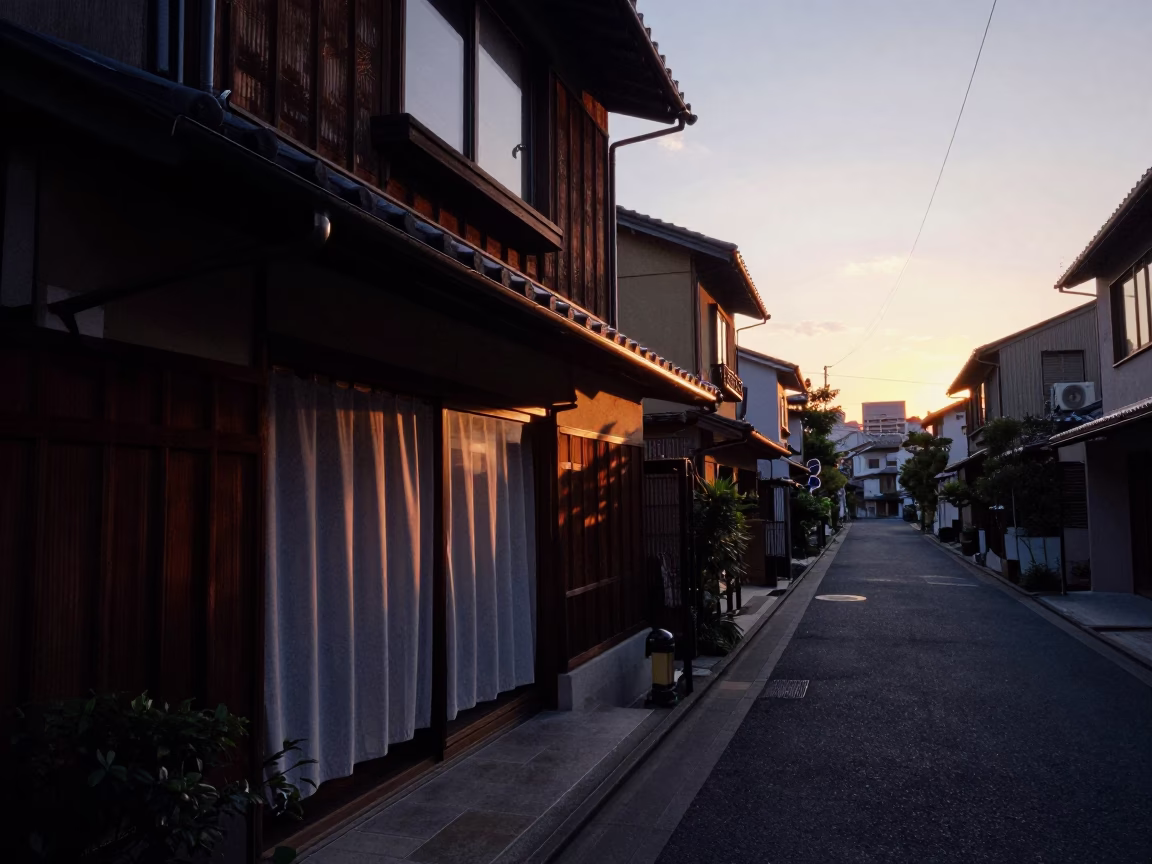 Tokyo Street Scene at Dusk with Window Curtains and Kettle Lid Detail in in Tokyo, Japan