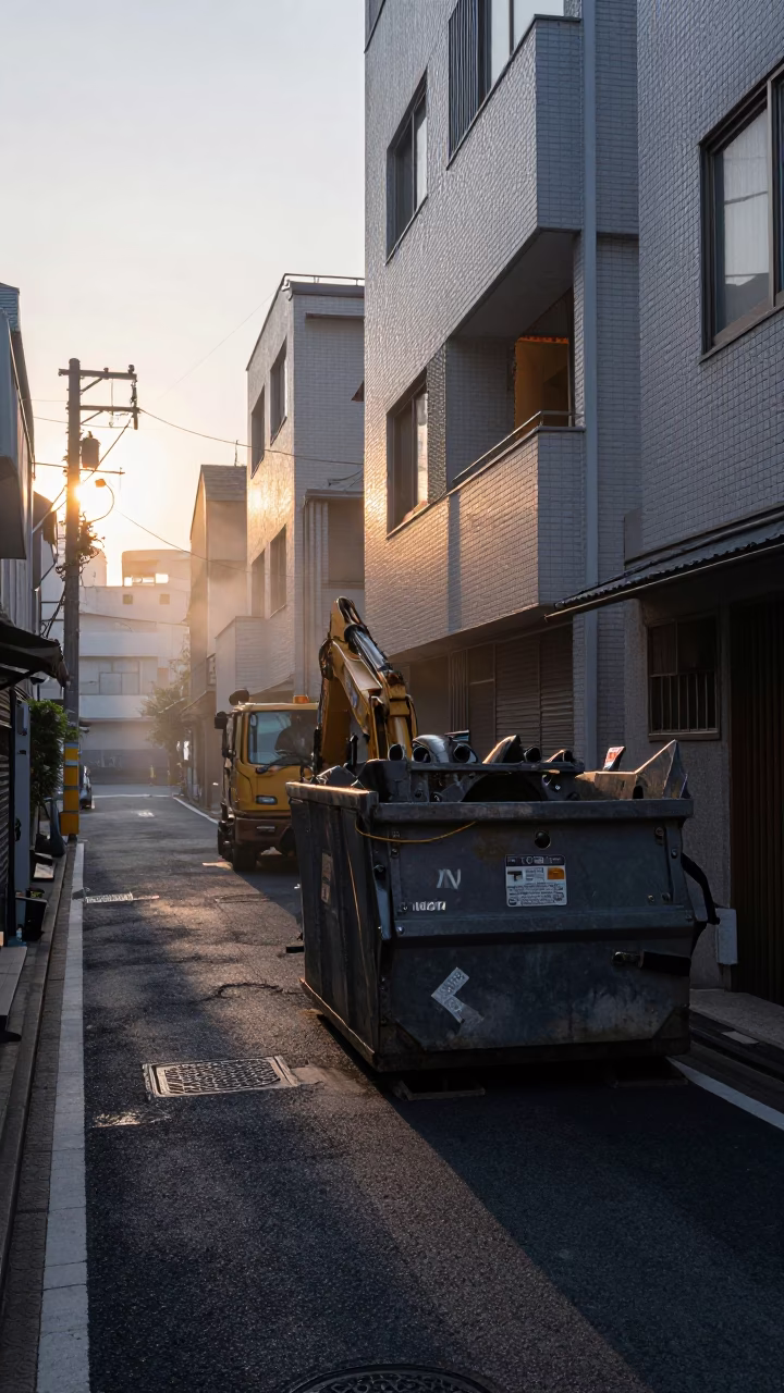 Tokyo Street Scene at Nautical Dawn with Demolition Dumpster and Gutted Storefront Facade in in Tokyo, Japan