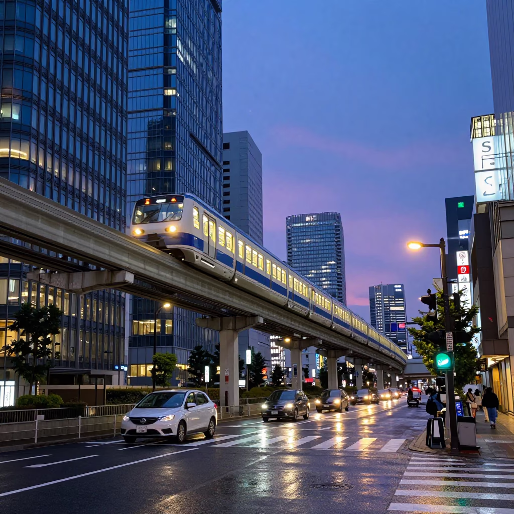 Tokyo Street Scene at Nautical Dawn with Monorail and Urban Life in in Tokyo, Japan