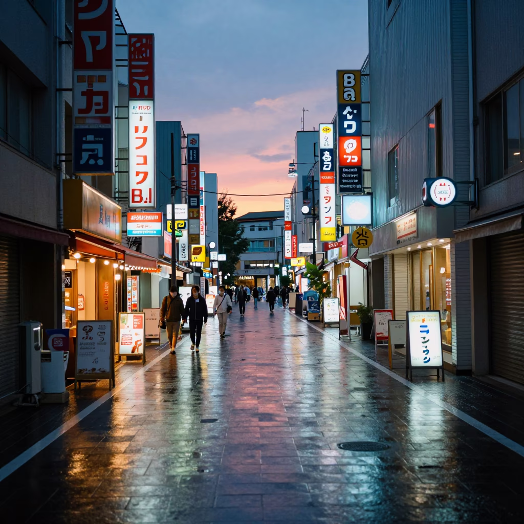 Tokyo street scene at predawn with neon signs and quiet urban life in in Tokyo, Japan