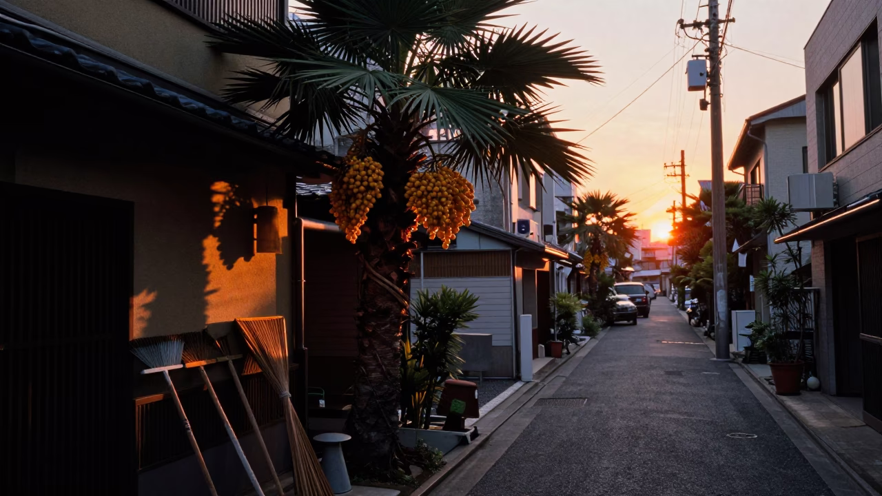Tokyo Street Scene at Sunset with Date Palm and Rake Heads in in Tokyo, Japan
