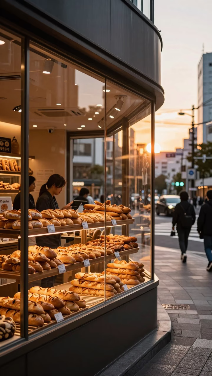 Tokyo Street Scene at Sunset with Glass Display and Baguettes in in Tokyo, Japan