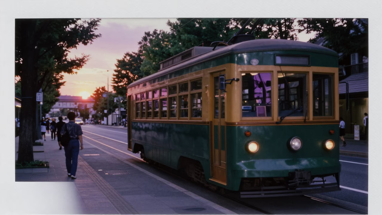Tokyo Street Scene at Sunset with Old Trolley and City Lights in in Tokyo, Japan