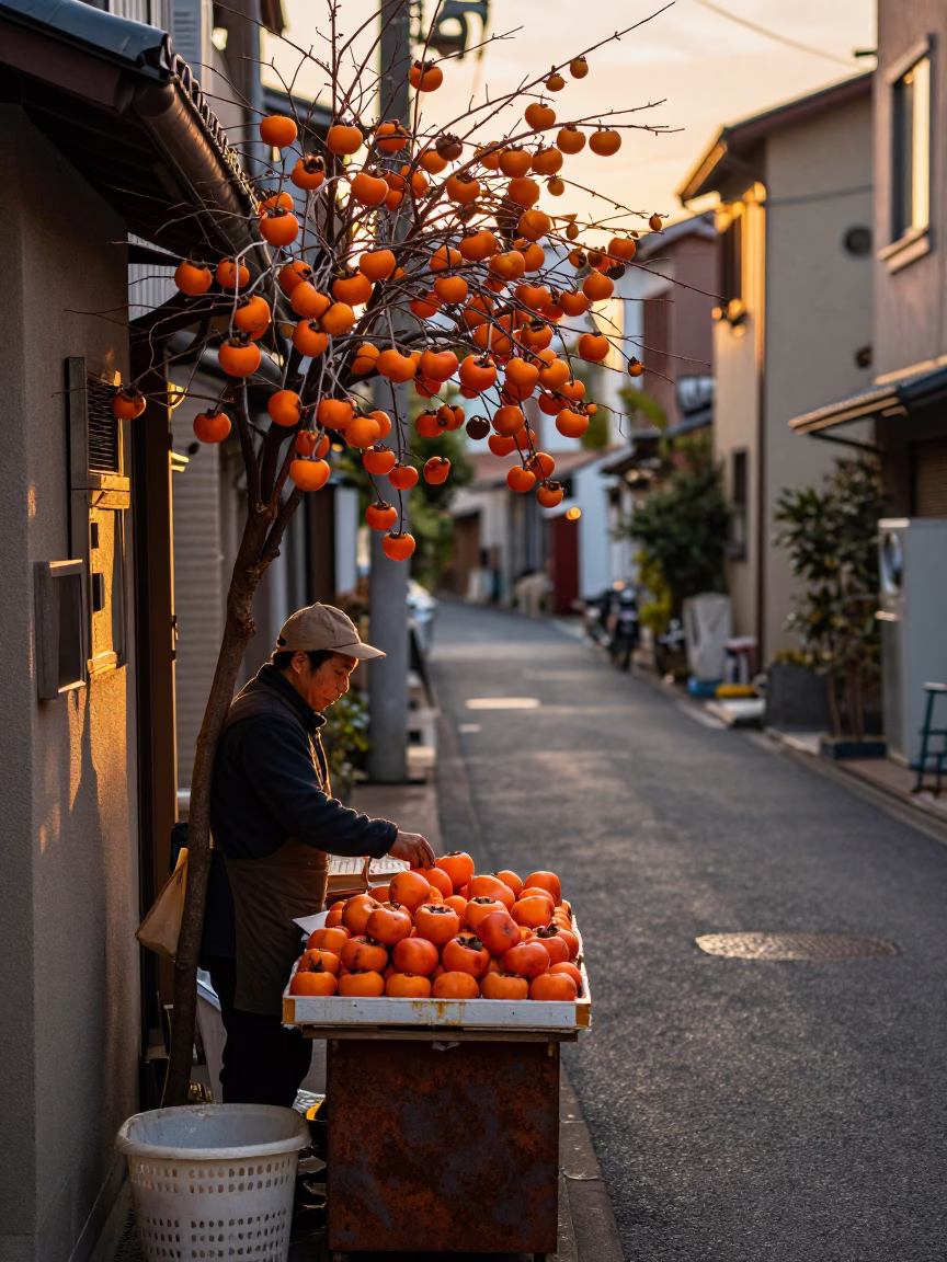Tokyo Street Scene at Sunset with Persimmons and Rusty Hinge Details in in Tokyo, Japan