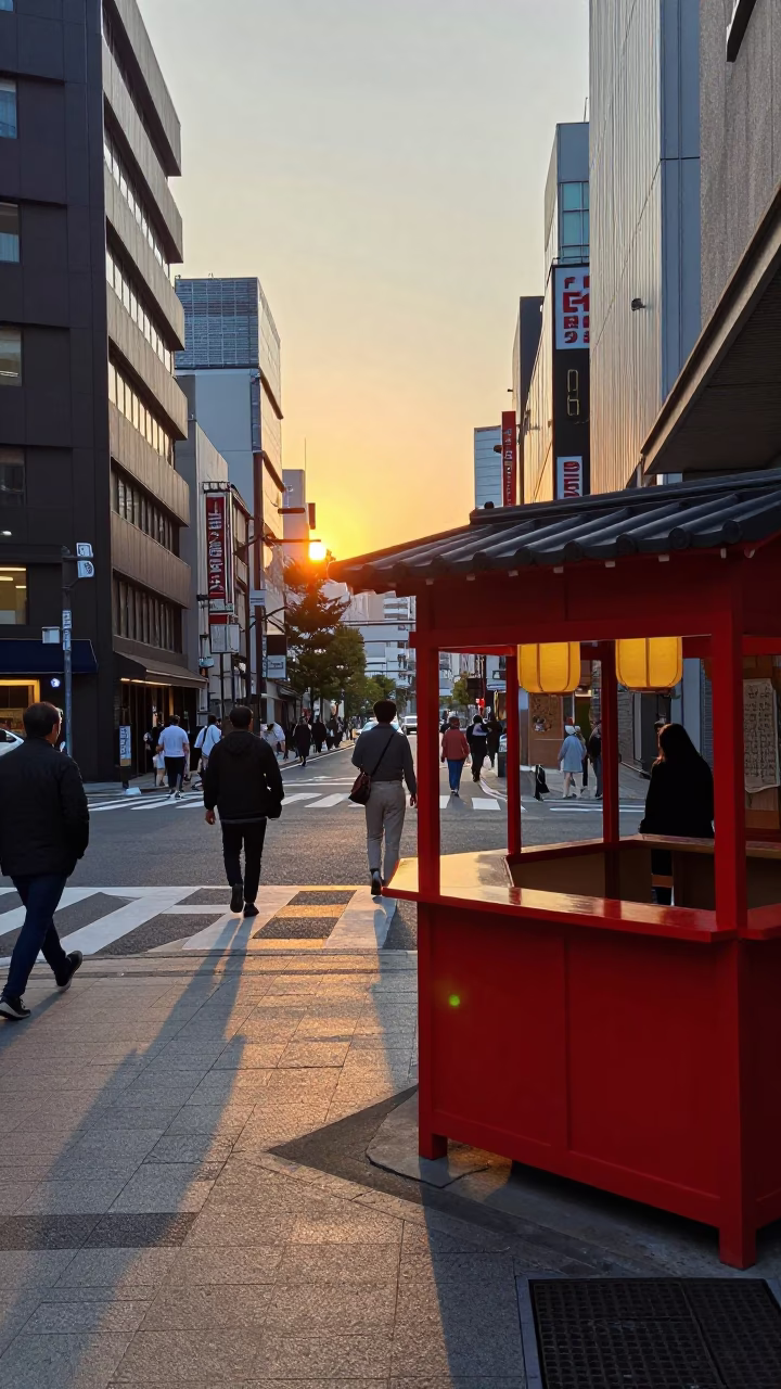 Tokyo Street Scene at Sunset with Red Lacquered Wood Details and Urban Life in in Tokyo, Japan