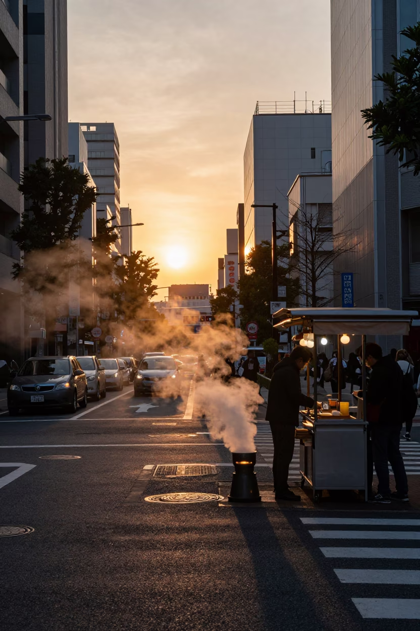 Tokyo Street Scene at Sunset with Steam Haze and Urban Life in in Tokyo, Japan