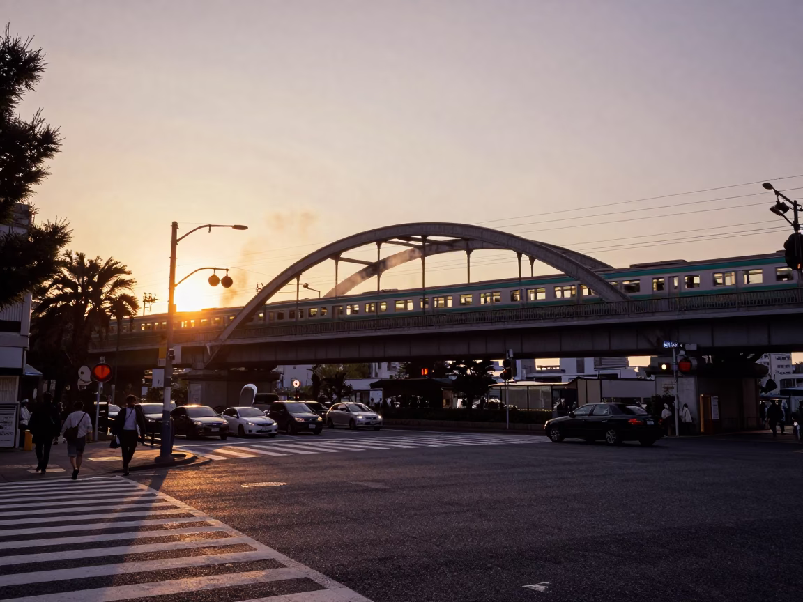 Tokyo street scene at sunset with steaming railway viaduct and urban infrastructure in in Tokyo, Japan