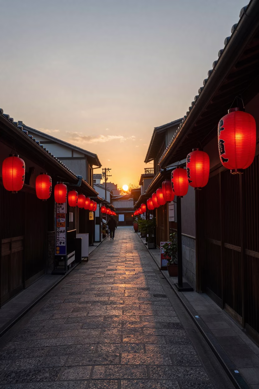 Tokyo Street Scene at Sunset with Traditional Lanterns and Neon Signs in in Tokyo, Japan
