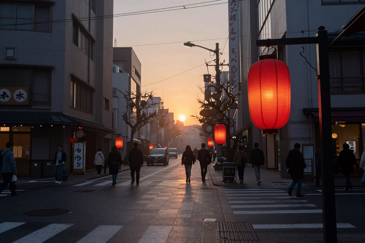Tokyo Street Scene at Sunset with Traditional Lanterns and Urban Life in in Tokyo, Japan