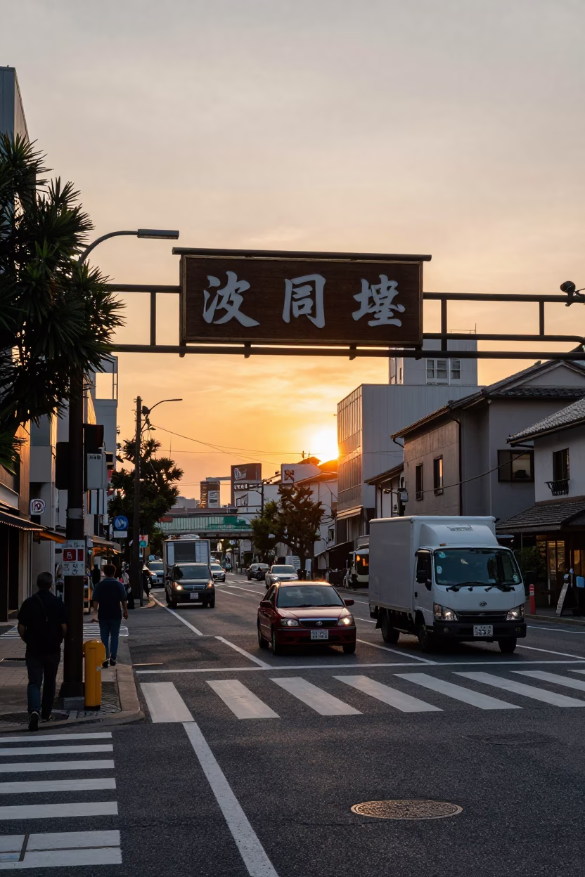 Tokyo Street Scene at Sunset with Traditional Wooden Sign and Pedestrian Activity in in Tokyo, Japan
