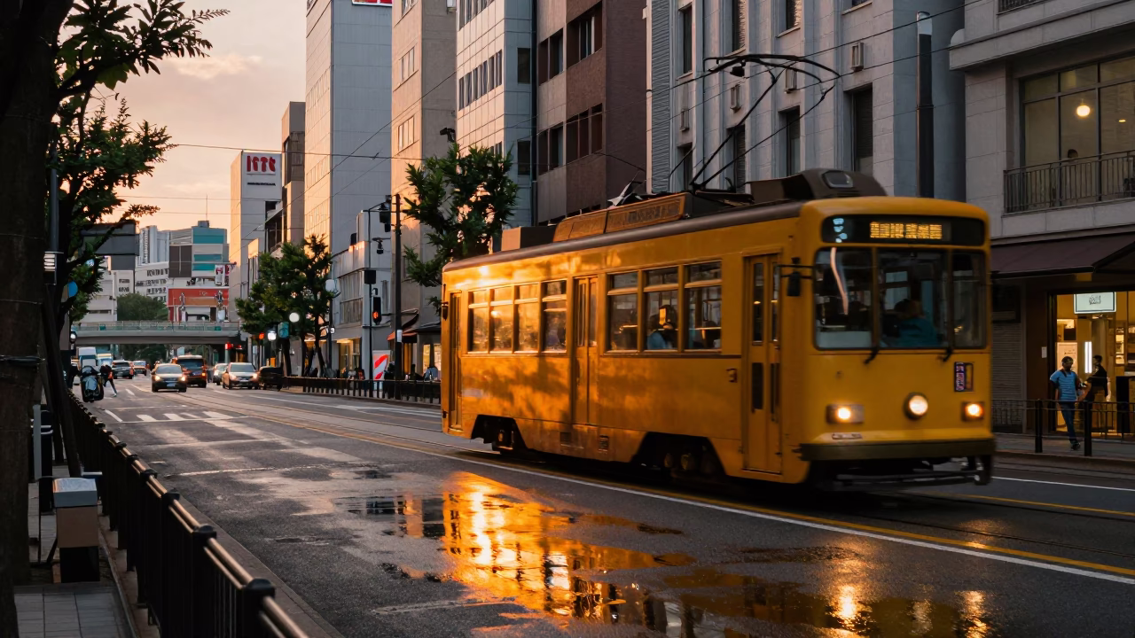 Tokyo Street Scene at Sunset with Tram Reflections and Cobblestone Rain Puddles in in Tokyo, Japan