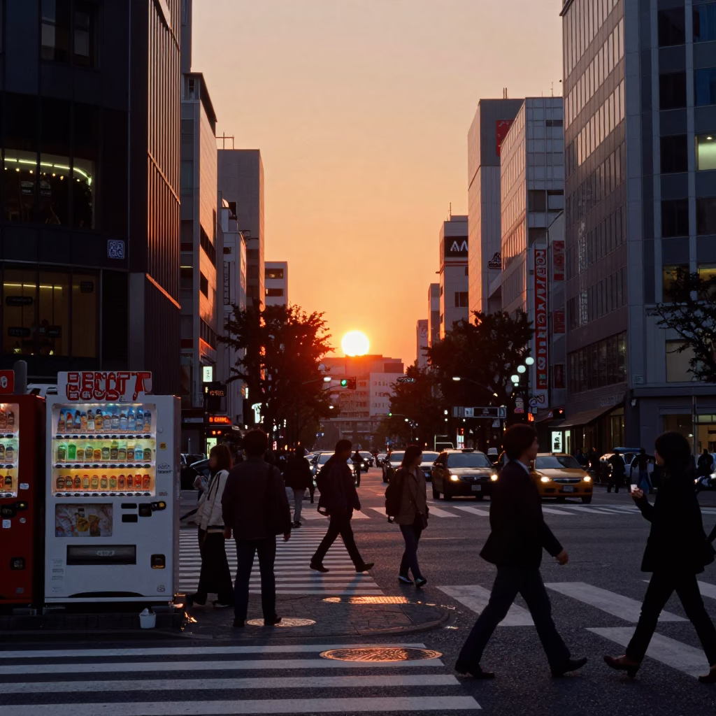 Tokyo Street Scene at Sunset with Vending Machines and Neon Signs in in Tokyo, Japan
