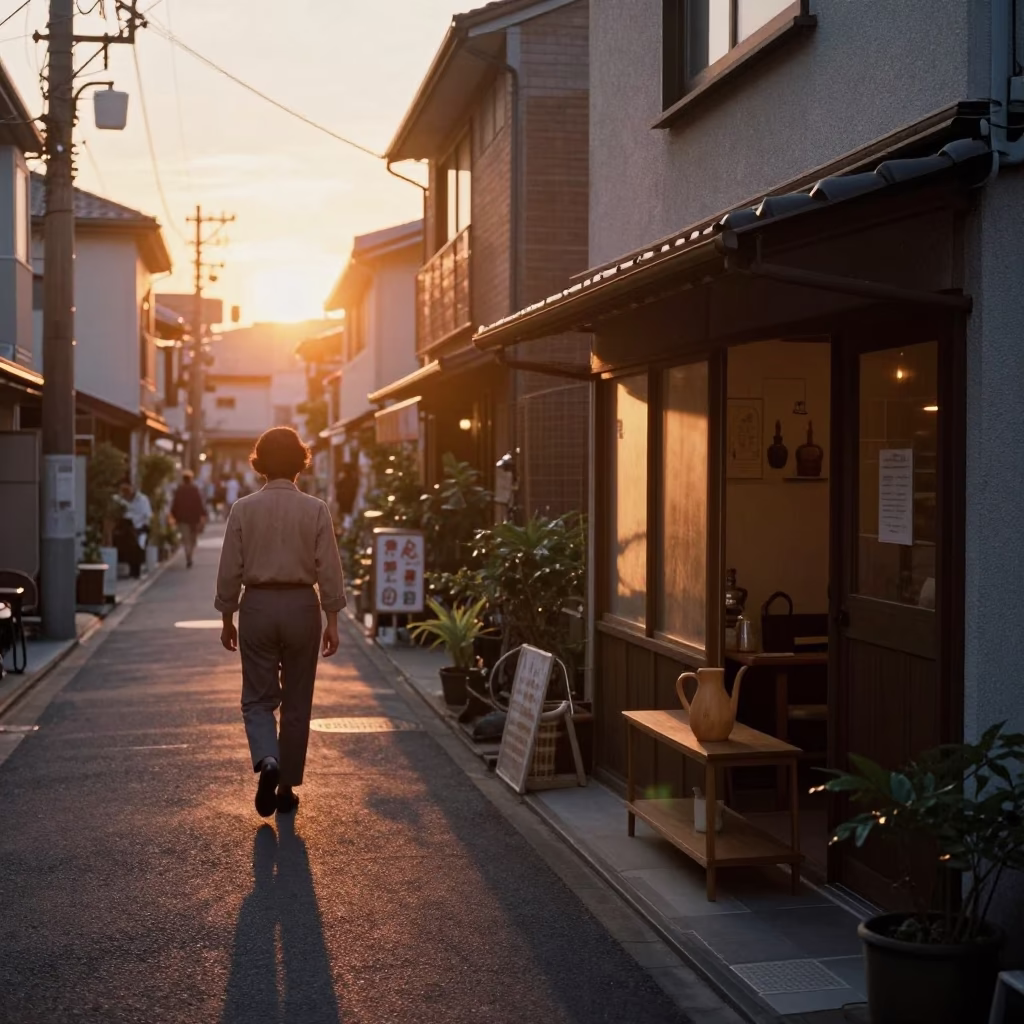 Tokyo Street Scene at Sunset with Vintage 1970s Aesthetic and Local Life in in Tokyo, Japan