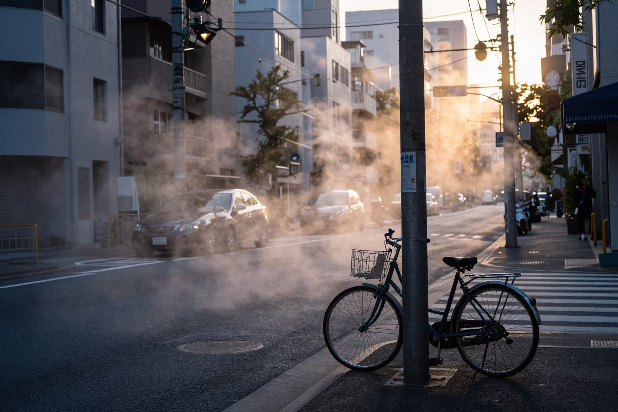 Tokyo Street Scene Before Dawn with Steam and Urban Infrastructure in in Tokyo, Japan