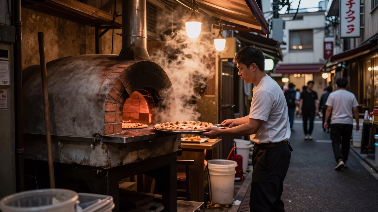 Tokyo Street Scene Before Dusk with Pizza Oven and Pincushion in in Tokyo, Japan
