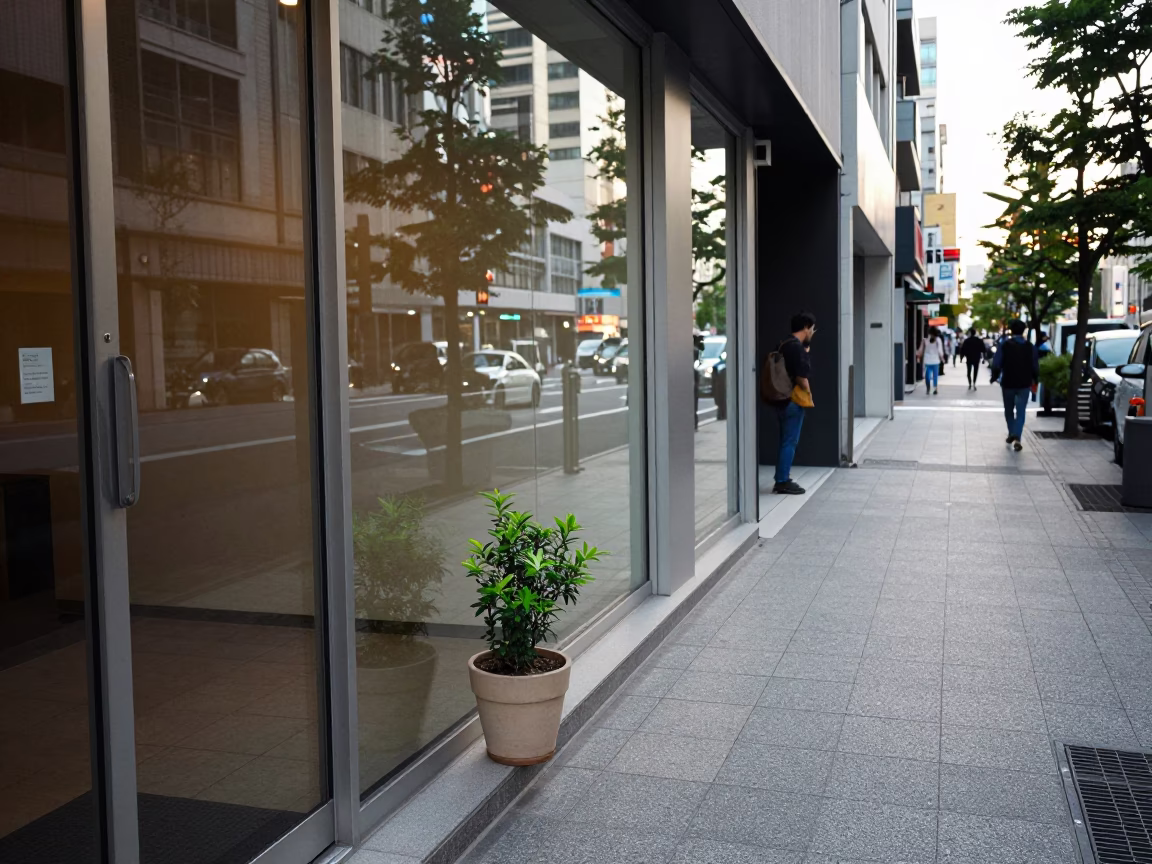 Tokyo Street Scene Early Afternoon with Clear Glass Wall and Flowerpot in in Tokyo, Japan