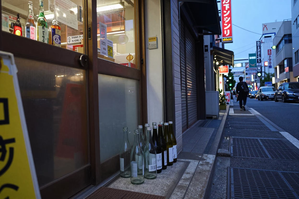 Tokyo Street Scene Early Evening with Glass Bottles and Neon Signs in in Tokyo, Japan
