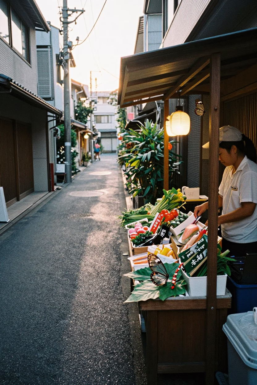 Tokyo Street Scene Early Morning with Vendor and Glasswing Butterfly in in Tokyo, Japan