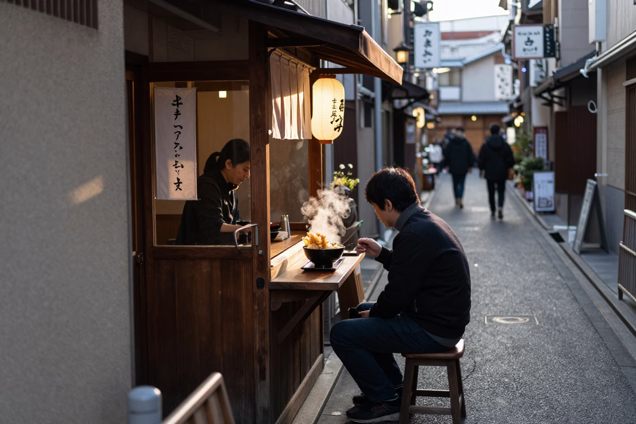 Tokyo Street Scene First Light Udon Bowl and Traditional Architecture in in Tokyo, Japan